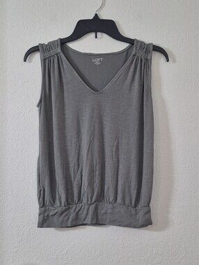 LOFT Gray V-Neck Sleeveless Blouson Top with Gathered Shoulders